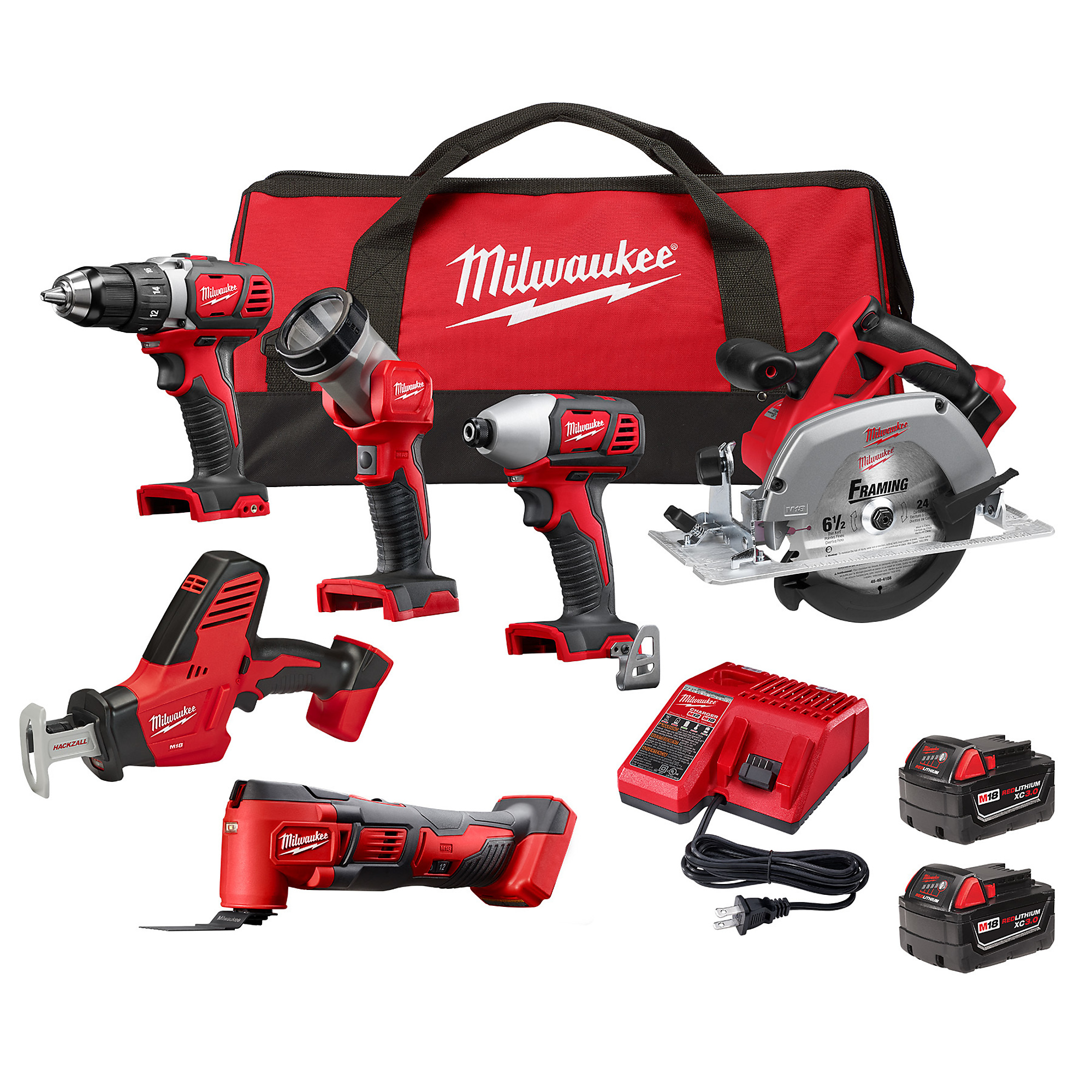 Milwaukee, M18 6-TOOL COMBO KIT, Chuck Size 1/2 in, Drive Size 1/4 in, Tools Included (qty.) 6, Model# 2691-26